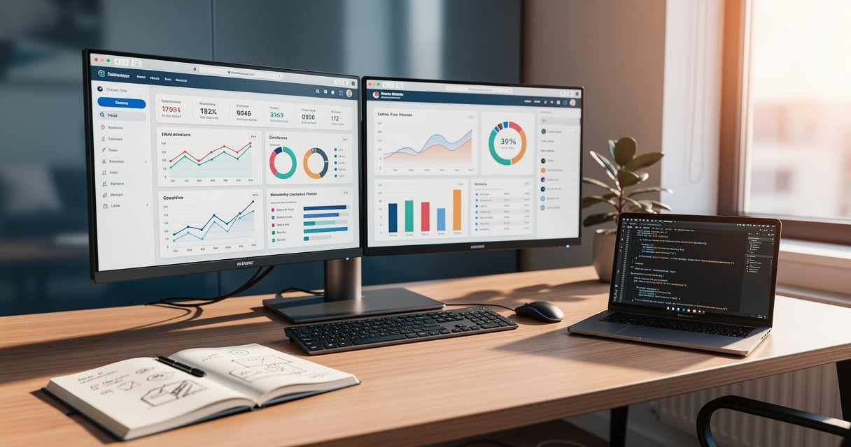 Espace de travail avec écrans affichant des tableaux de bord analytiques pour audit SEO