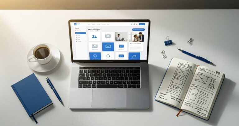 Espace de travail avec un ordinateur affichant une interface de création de site web