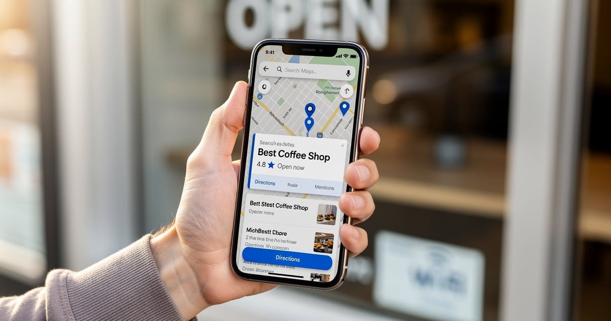 Smartphone affichant une fiche Google Business Profile dans les résultats Google Maps