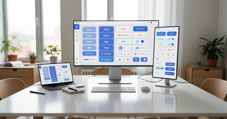 Poste de travail de designer UX avec interface de bibliothèque de composants UI affichée