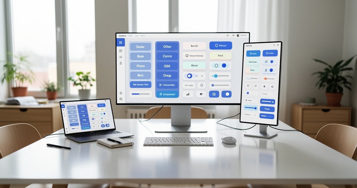 Poste de travail de designer UX avec interface de bibliothèque de composants UI affichée