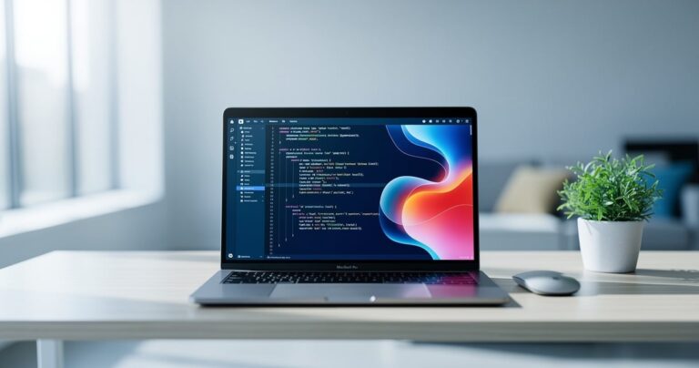 Espace de travail moderne avec ordinateur portable affichant des visualisations de données