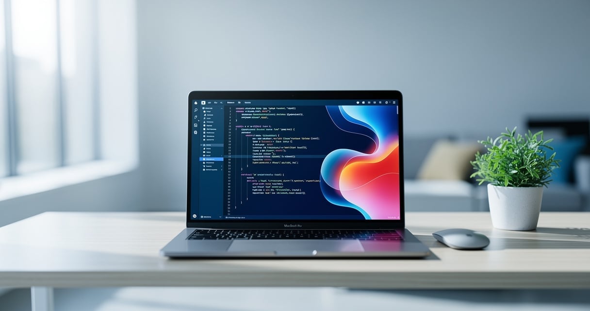 Espace de travail moderne avec ordinateur portable affichant des visualisations de données