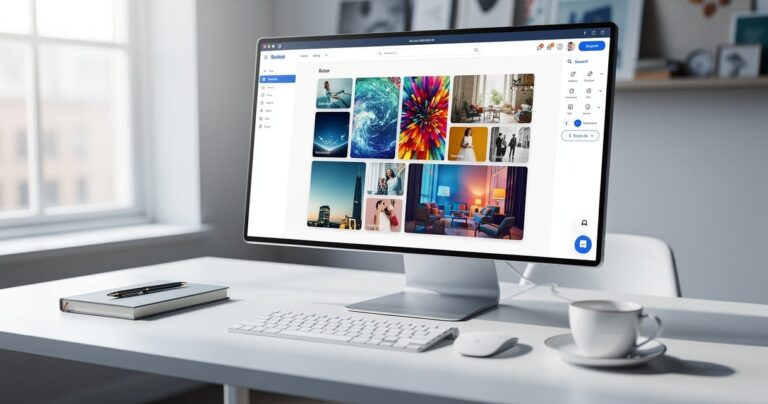 Poste de travail web designer avec galerie d'images affichée à l'écran