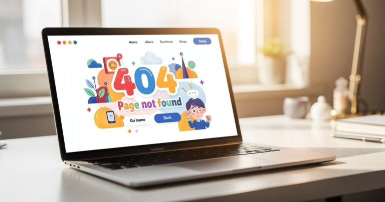 Écran d'ordinateur affichant une page 404 personnalisée avec un design créatif et coloré