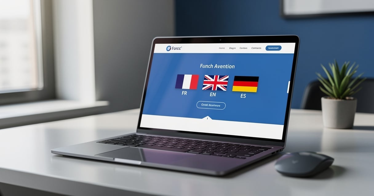 Ordinateur portable affichant un site WordPress avec sélecteur de langues