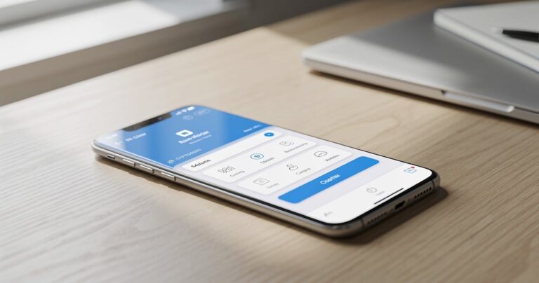 Smartphone affichant une interface de progressive web app sur un bureau moderne