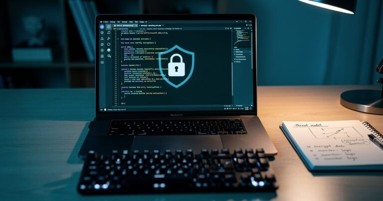 Poste de travail developpeur dedie a la securite WordPress avec ecran affichant du code et un cadenas