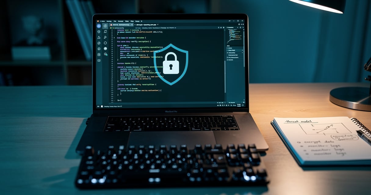 Poste de travail developpeur dedie a la securite WordPress avec ecran affichant du code et un cadenas