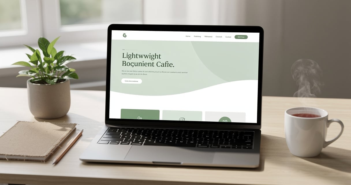 Bureau minimaliste avec écran affichant un site internet éco-conçu, plante verte et carnet recyclé