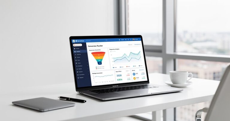 Tableau de bord analytique affichant un tunnel de vente en ligne sur un ordinateur portable