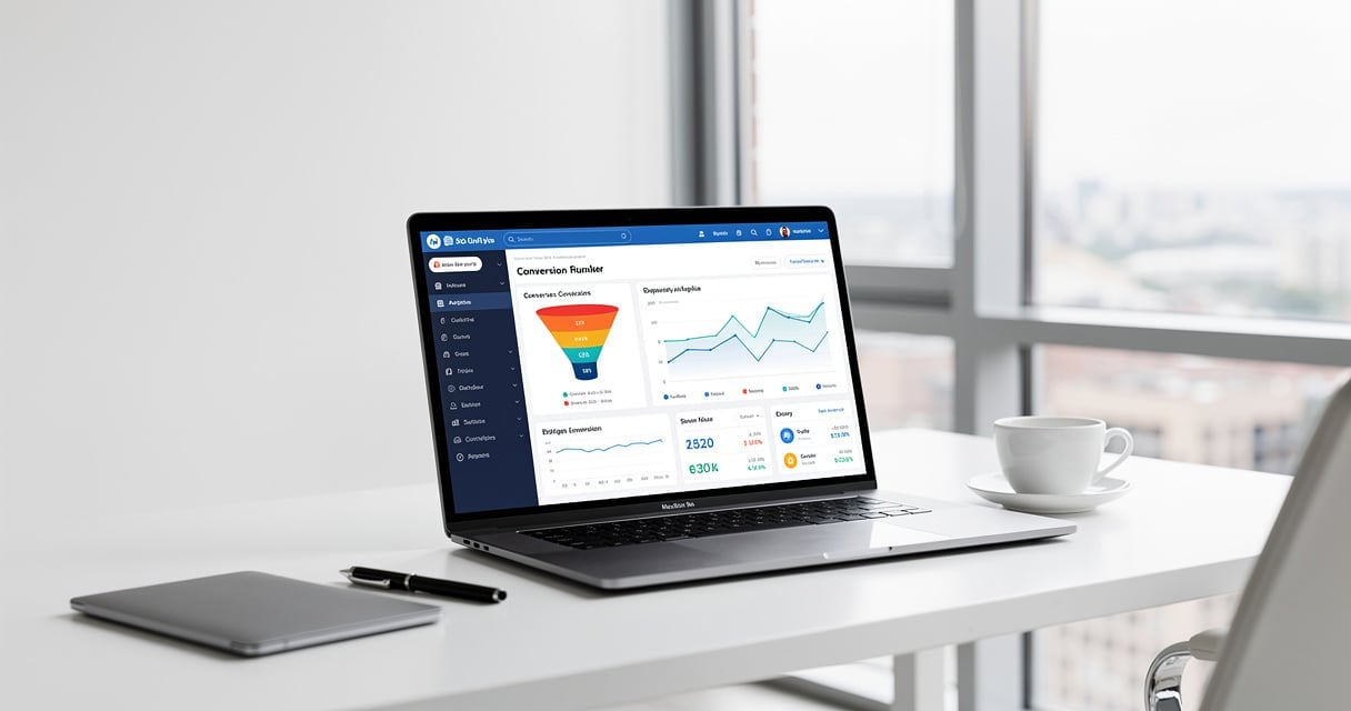 Tableau de bord analytique affichant un tunnel de vente en ligne sur un ordinateur portable