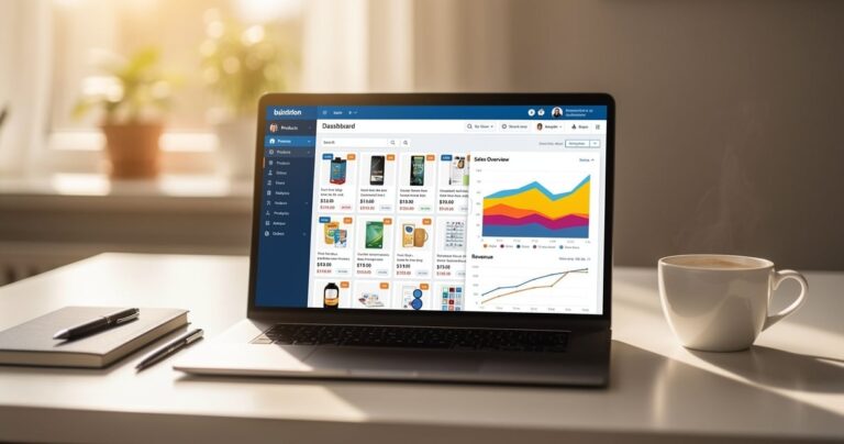 Tableau de bord WooCommerce sur un écran d ordinateur portable avec des listes de produits et des graphiques de ventes