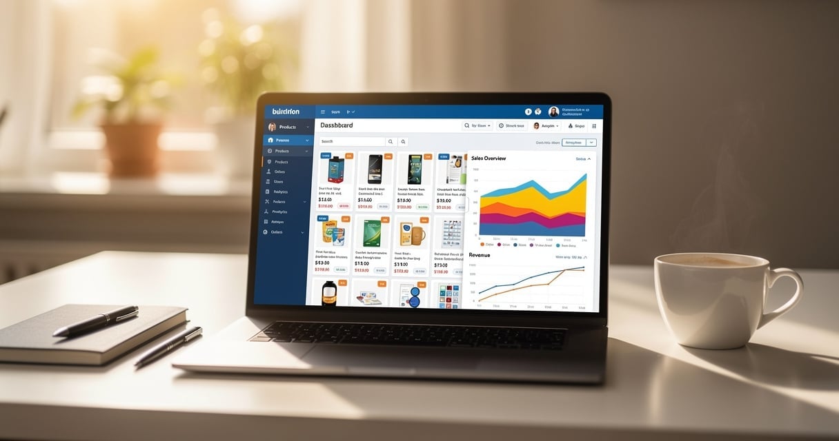 Tableau de bord WooCommerce sur un écran d ordinateur portable avec des listes de produits et des graphiques de ventes